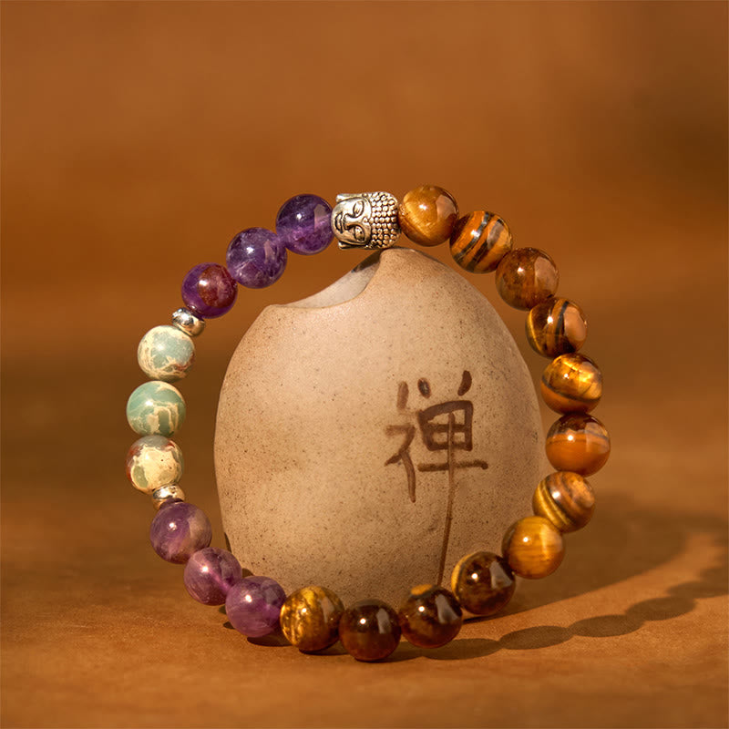 Buddha Stones Naturalny Czarny Onyks Biały Kamień Zielony Awenturyn Tygrysie Oko Agat Mieszany Kolor Bransoletka Ochronna Głowy Buddy