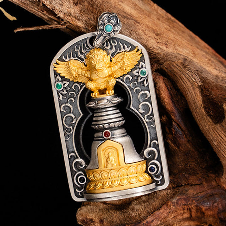 Buddha Stones 925 Srebro Tybetańskie Garuda Ptak Wadżra Dorje Dzwonek Ochronny Naszyjnik Wisiorek