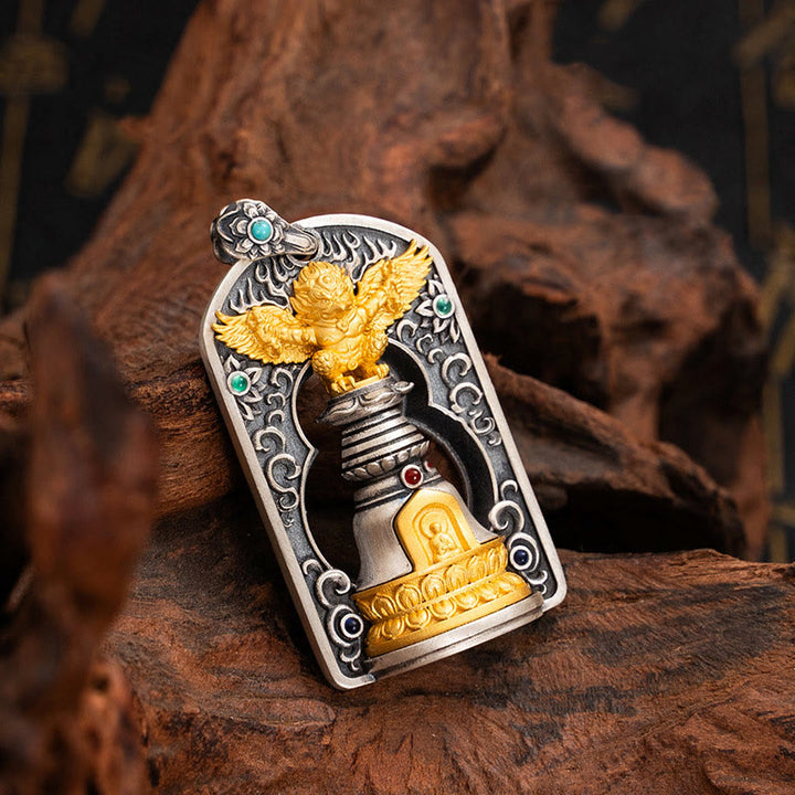 Buddha Stones 925 Srebro Tybetańskie Garuda Ptak Wadżra Dorje Dzwonek Ochronny Naszyjnik Wisiorek