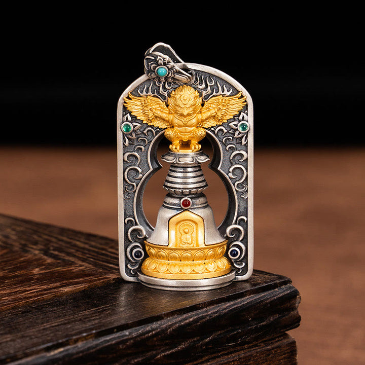 Buddha Stones 925 Srebro Tybetańskie Garuda Ptak Wadżra Dorje Dzwonek Ochronny Naszyjnik Wisiorek