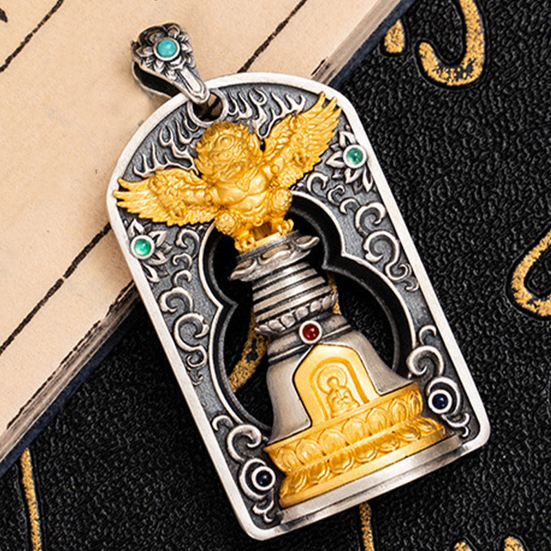 Buddha Stones 925 Srebro Tybetańskie Garuda Ptak Wadżra Dorje Dzwonek Ochronny Naszyjnik Wisiorek
