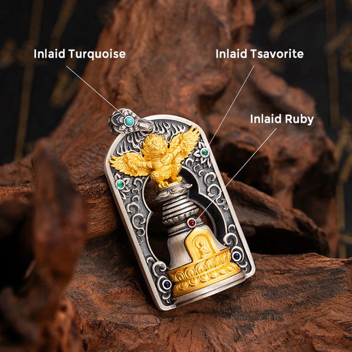 Buddha Stones 925 Srebro Tybetańskie Garuda Ptak Wadżra Dorje Dzwonek Ochronny Naszyjnik Wisiorek