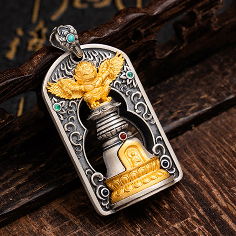 Buddha Stones 925 Srebro Tybetańskie Garuda Ptak Wadżra Dorje Dzwonek Ochronny Naszyjnik Wisiorek