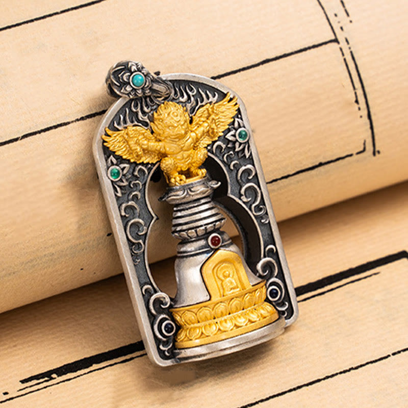 Buddha Stones 925 Srebro Tybetańskie Garuda Ptak Wadżra Dorje Dzwonek Ochronny Naszyjnik Wisiorek