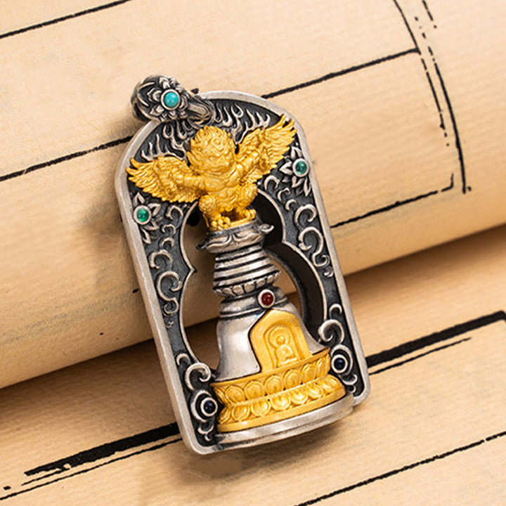 Buddha Stones 925 Srebro Tybetańskie Garuda Ptak Wadżra Dorje Dzwonek Ochronny Naszyjnik Wisiorek