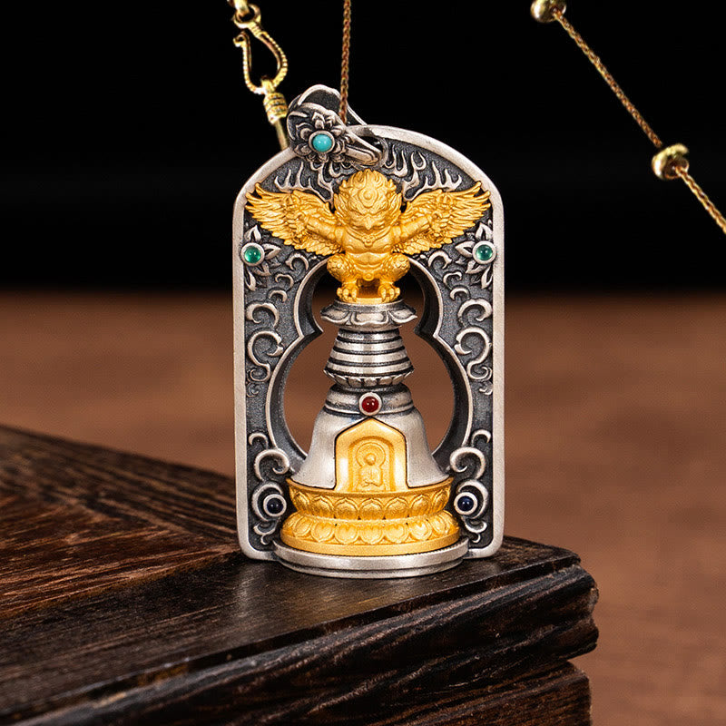 Buddha Stones 925 Srebro Tybetańskie Garuda Ptak Wadżra Dorje Dzwonek Ochronny Naszyjnik Wisiorek