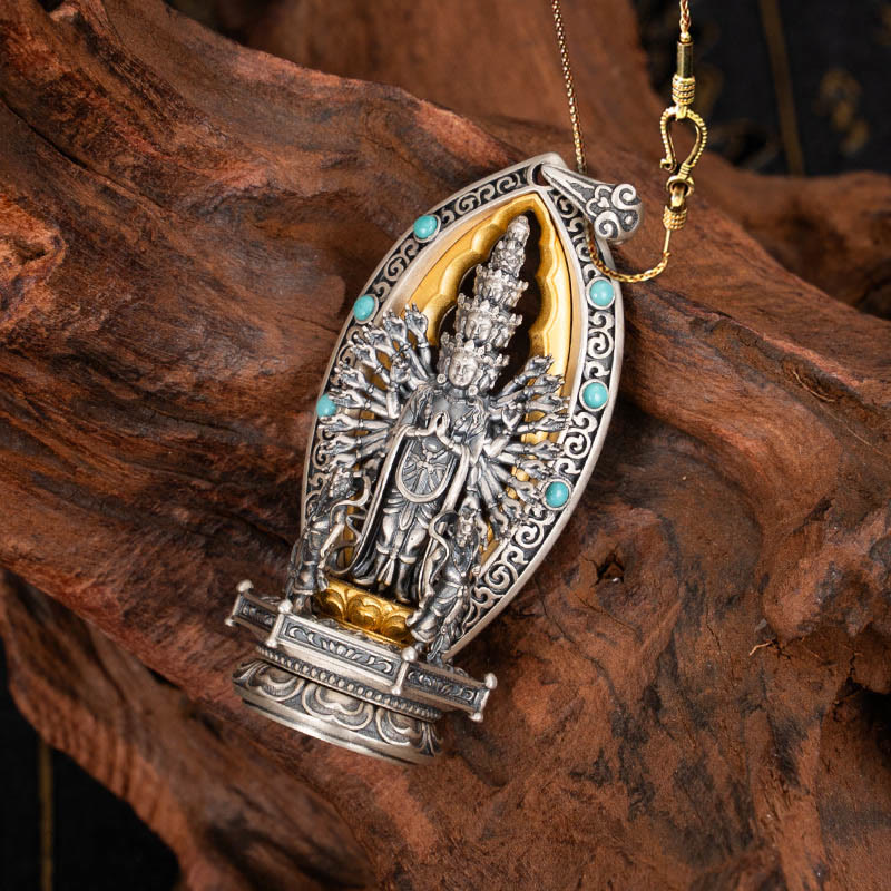 Buddha Stones 925 Srebro Sterling Tysiącramienny Guanyin Kwan Yin Avalokiteśvara Naszyjnik Wisiorek Bogactwo - Avalokiteśvara&58cm Złoty Miedziany Łańcuszek - image 14