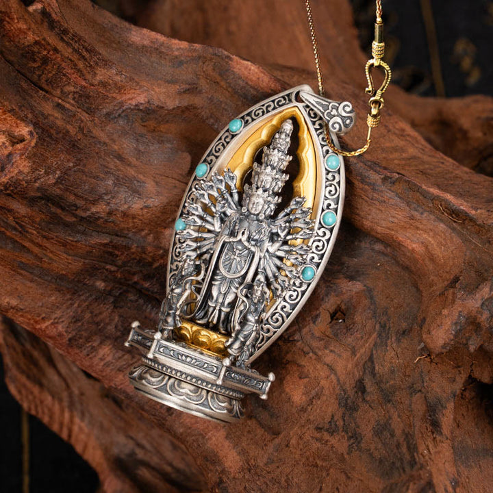 Buddha Stones 925 Srebro Sterling Tysiącramienny Guanyin Kwan Yin Avalokiteśvara Naszyjnik Wisiorek Bogactwo - Avalokiteśvara&58cm Złoty Miedziany Łańcuszek - image 14