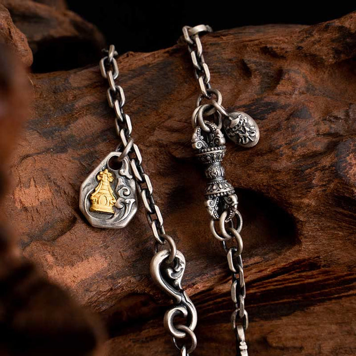 Buddha Stones 925 Srebro Tybetańskie Białe Zakiram Bogini Bogactwa Wadżra Dorje Błogosławieństwo Metalowy Naszyjnik Łańcuchowy