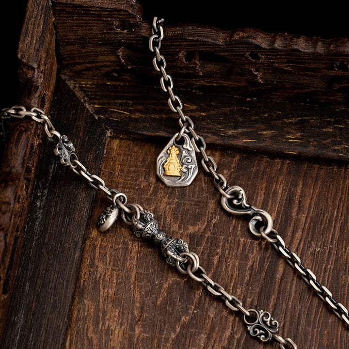 Buddha Stones 925 Srebro Tybetańskie Białe Zakiram Bogini Bogactwa Wadżra Dorje Błogosławieństwo Metalowy Naszyjnik Łańcuchowy