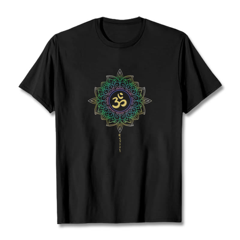 Buddha Stones OM Żółto-zielony Gradientowy Lotos Bawełniana Koszulka T-shirt - Czarny - 2XL - image 3