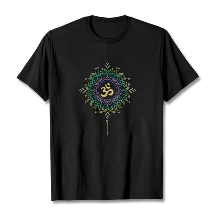 Buddha Stones OM Żółto-zielony Gradientowy Lotos Bawełniana Koszulka T-shirt - Czarny - 2XL - image 3