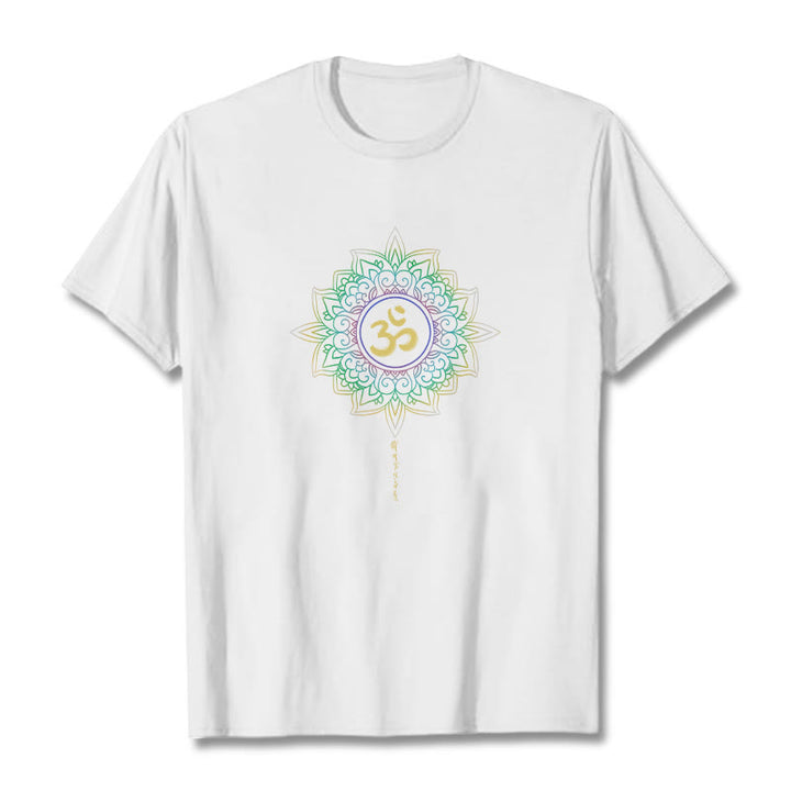Buddha Stones OM Żółto-zielony Gradientowy Lotos Bawełniana Koszulka T-shirt - Biały - 2XL - image 10