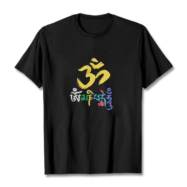 Buddha Stones Kolorowa Om Mani Padme Hum Bawełniana Koszulka T-shirt - Czarny - 2XL - image 1