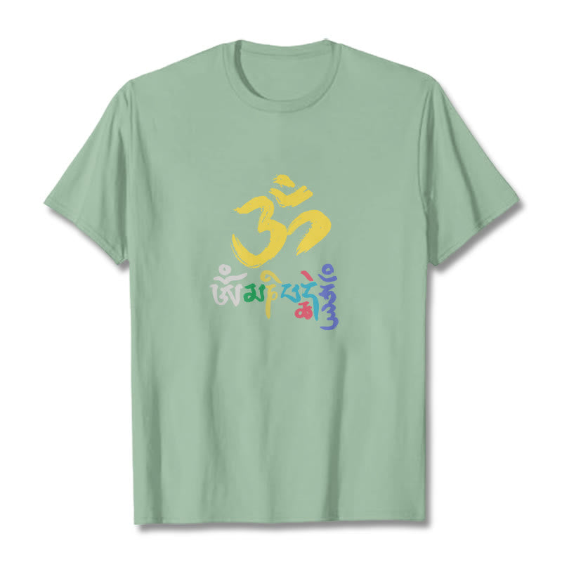 Buddha Stones Kolorowa Om Mani Padme Hum Bawełniana Koszulka T-shirt - PaleGreen - 2XL - image 14
