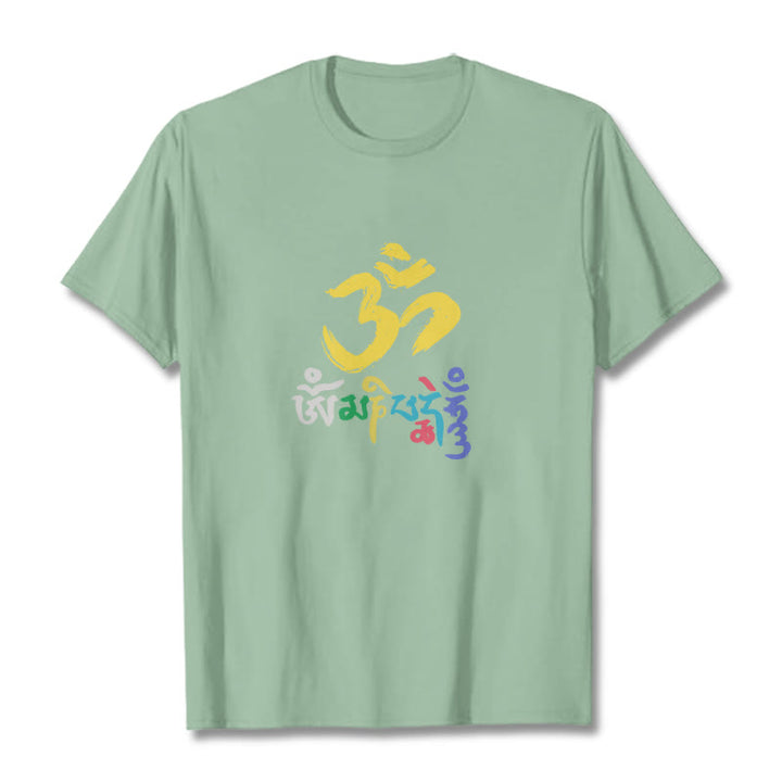 Buddha Stones Kolorowa Om Mani Padme Hum Bawełniana Koszulka T-shirt - PaleGreen - 2XL - image 14