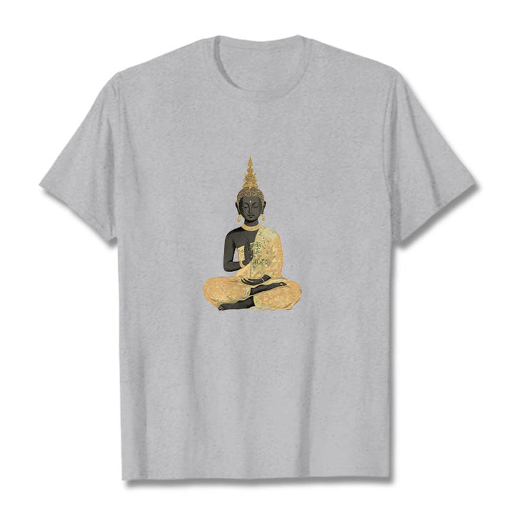 Koszulka z nadrukiem Buddha Stones Buddy Medytujący Budda Wzór Bawełna T-shirt - Jasnoszary - 2XL - image 15