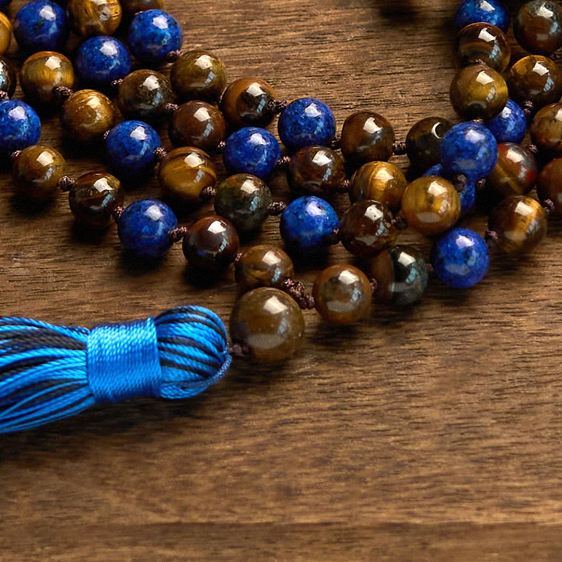 Buddha Stones 108 Koraliki Naturalny Kamień Tygrysie Oko Lazuryt Mala Tassel Bransoletka Ochronna