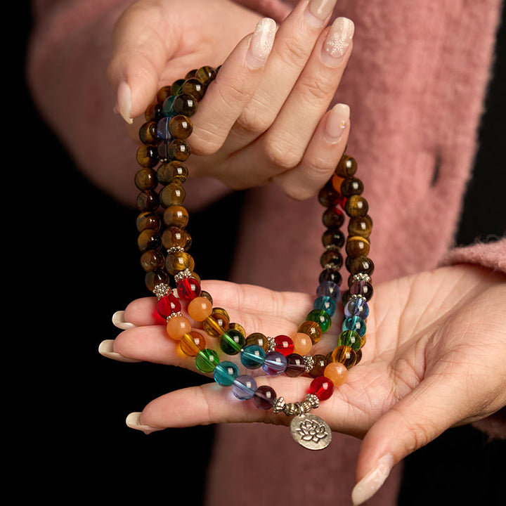 Buddha Stones 108 Koraliki Mala Naturalne Kamień Tygrysie Oko Kolorowe Koraliki Bransoletka Ochronna Lotosu