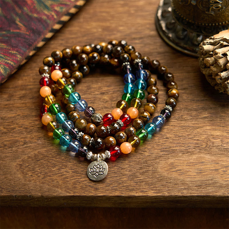 Buddha Stones 108 Koraliki Mala Naturalne Kamień Tygrysie Oko Kolorowe Koraliki Bransoletka Ochronna Lotosu