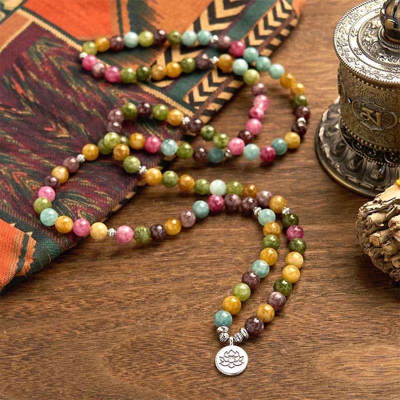 Buddha Stones 108 Koraliki Mala Wielowarstwowa Naturalna Bransoletka Turmalin Lotos Mądrość