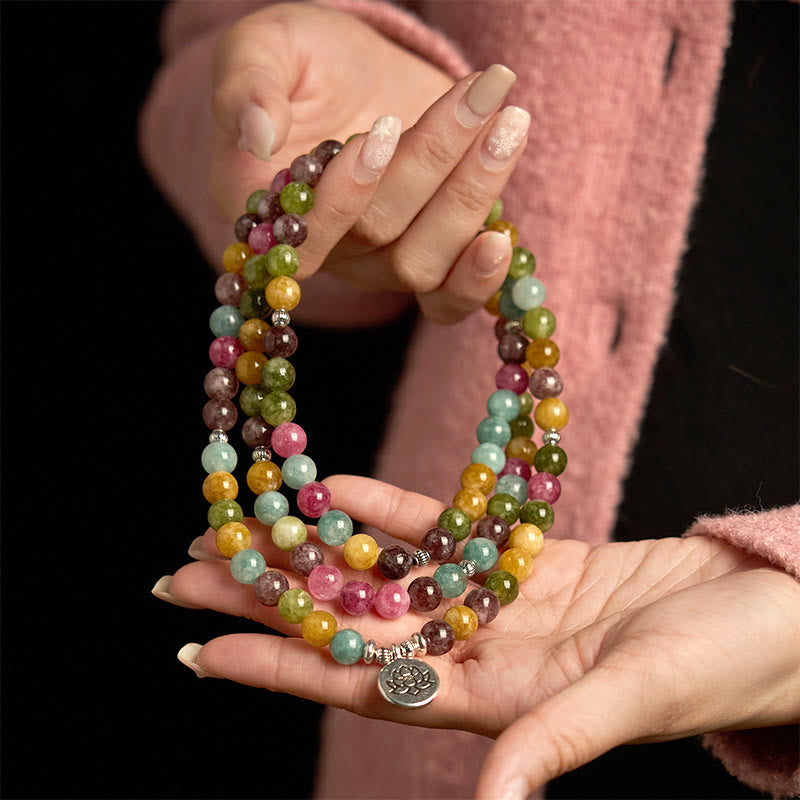 Buddha Stones 108 Koraliki Mala Wielowarstwowa Naturalna Bransoletka Turmalin Lotos Mądrość