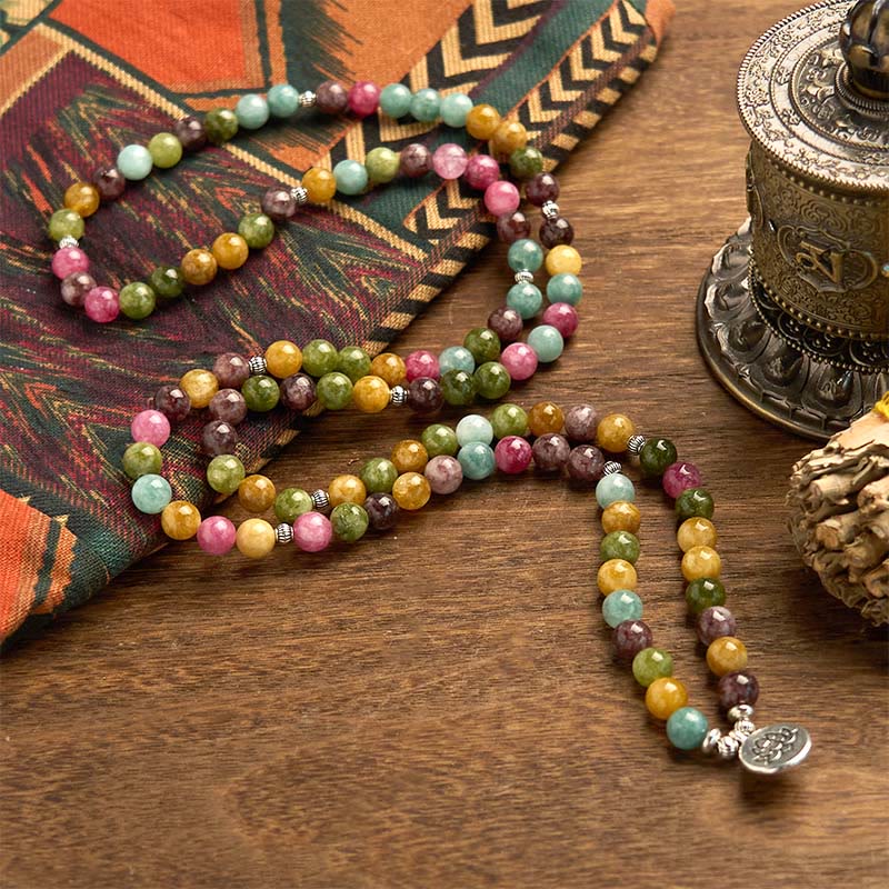 Buddha Stones 108 Koraliki Mala Wielowarstwowa Naturalna Bransoletka Turmalin Lotos Mądrość
