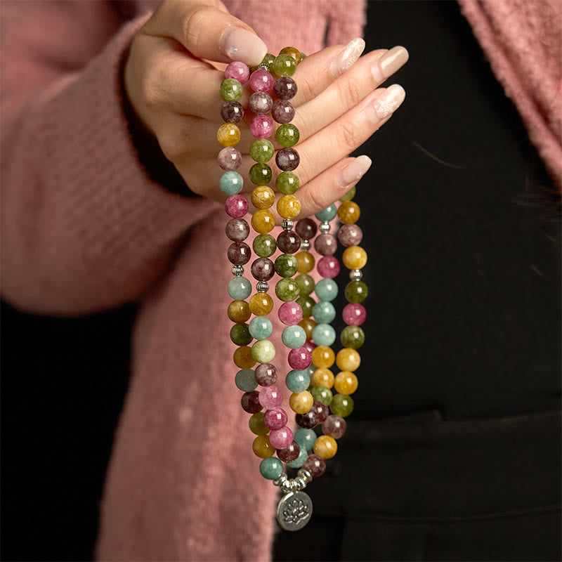 Buddha Stones 108 Koraliki Mala Wielowarstwowa Naturalna Bransoletka Turmalin Lotos Mądrość
