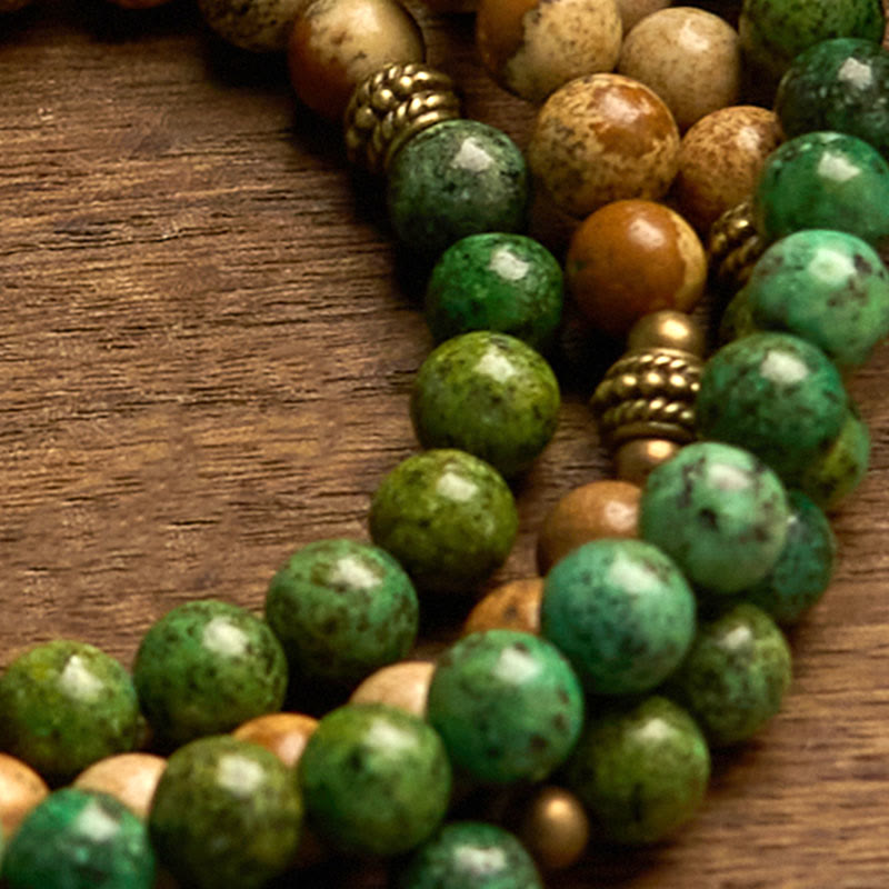 Buddha Stones 108 Koraliki Mala Naturalny Kamień Obraz Jaspis Turkusowy Lotos Pozytywna Bransoletka