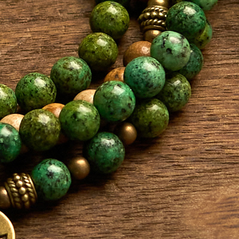 Buddha Stones 108 Koraliki Mala Naturalny Kamień Obraz Jaspis Turkusowy Lotos Pozytywna Bransoletka