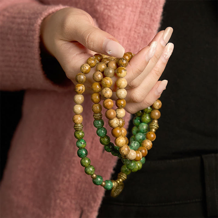 Buddha Stones 108 Koraliki Mala Naturalny Kamień Obraz Jaspis Turkusowy Lotos Pozytywna Bransoletka