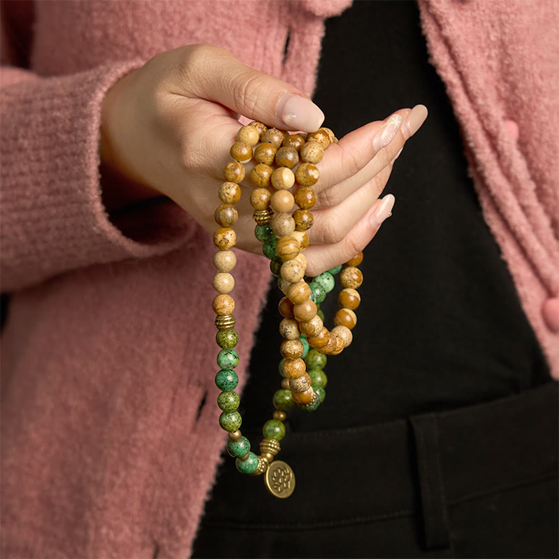 Buddha Stones 108 Koraliki Mala Naturalny Kamień Obraz Jaspis Turkusowy Lotos Pozytywna Bransoletka