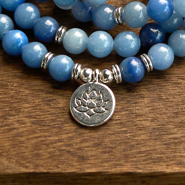 Buddha Stones 108 Koraliki Mala Wielowarstwowa Naturalna Niebieska Bransoletka Awenturyn Lotos Spokój