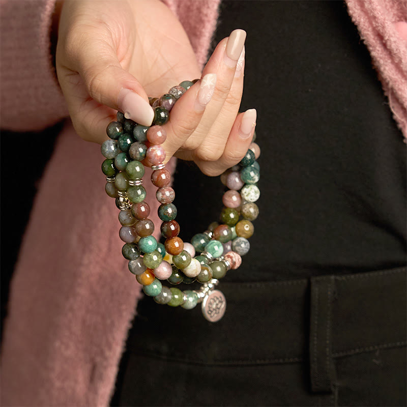 Buddha Stones 108 Koraliki Mala Naturalny Kamień Indyjski Agat Lotus Spokój Bransoletka