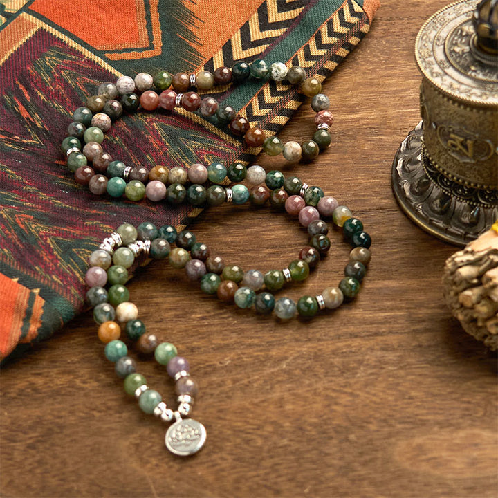 Buddha Stones 108 Koraliki Mala Naturalny Kamień Indyjski Agat Lotus Spokój Bransoletka
