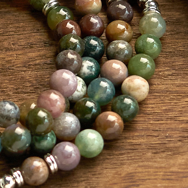 Buddha Stones 108 Koraliki Mala Naturalny Kamień Indyjski Agat Lotus Spokój Bransoletka