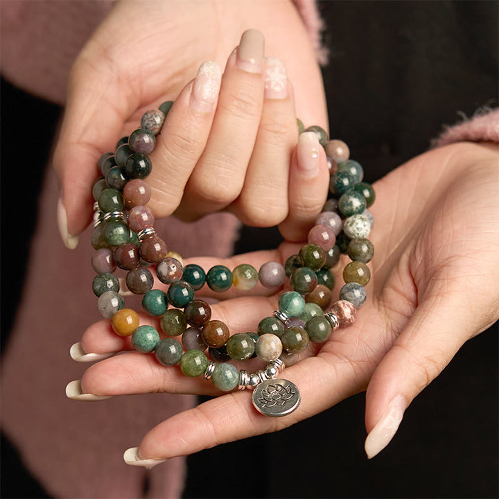 Buddha Stones 108 Koraliki Mala Naturalny Kamień Indyjski Agat Lotus Spokój Bransoletka