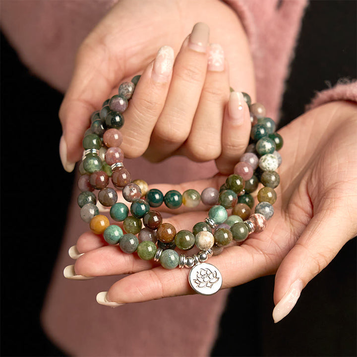 Buddha Stones 108 Koraliki Mala Naturalny Kamień Indyjski Agat Lotus Spokój Bransoletka