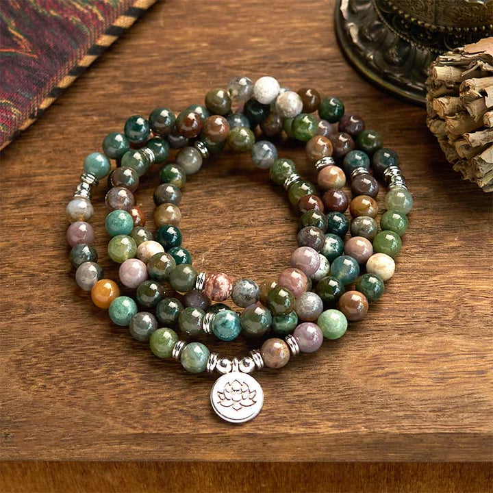 Buddha Stones 108 Koraliki Mala Naturalny Kamień Indyjski Agat Lotus Spokój Bransoletka