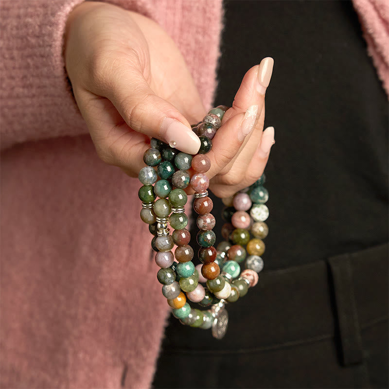 Buddha Stones 108 Koraliki Mala Naturalny Kamień Indyjski Agat Lotus Spokój Bransoletka