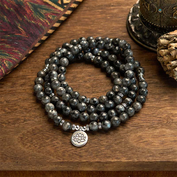 Buddha Stones 108 Koraliki Mala Wielowarstwowe Naturalne Czarne Błyszczące Kamień Bransoletka Lotus Positivity