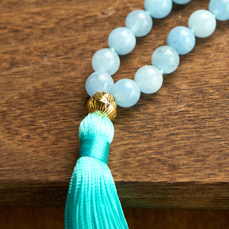Buddha Stones 108 Mala Koraliki Naturalny Kamień Akwamaryn Tassel Lotus Healing Bransoletka