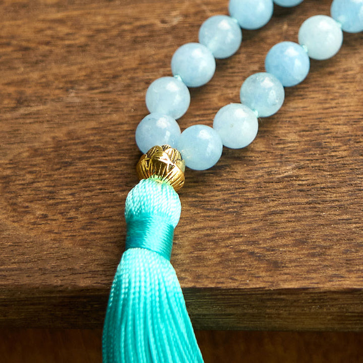 Buddha Stones 108 Mala Koraliki Naturalny Kamień Akwamaryn Tassel Lotus Healing Bransoletka