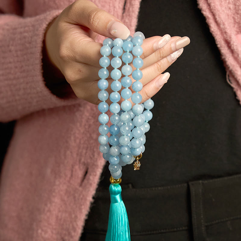 Buddha Stones 108 Mala Koraliki Naturalny Kamień Akwamaryn Tassel Lotus Healing Bransoletka