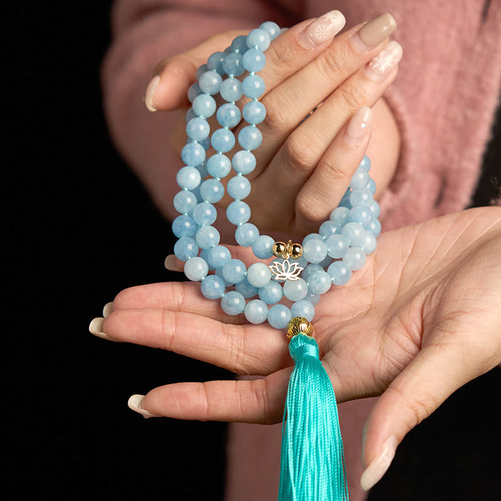 Buddha Stones 108 Mala Koraliki Naturalny Kamień Akwamaryn Tassel Lotus Healing Bransoletka