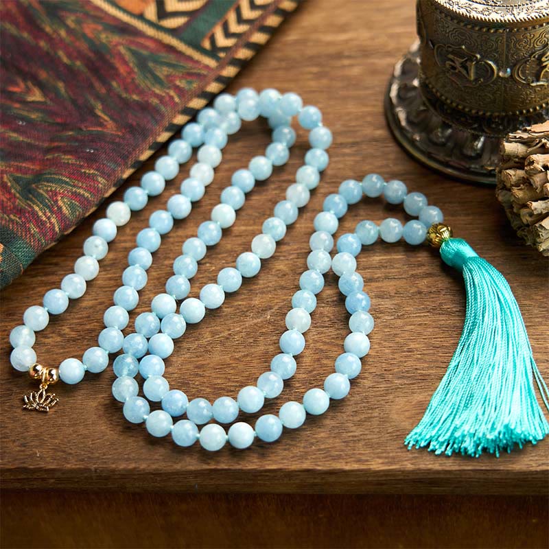 Buddha Stones 108 Mala Koraliki Naturalny Kamień Akwamaryn Tassel Lotus Healing Bransoletka