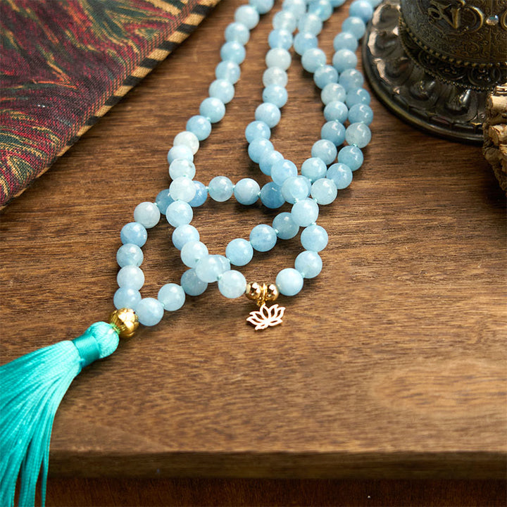 Buddha Stones 108 Mala Koraliki Naturalny Kamień Akwamaryn Tassel Lotus Healing Bransoletka