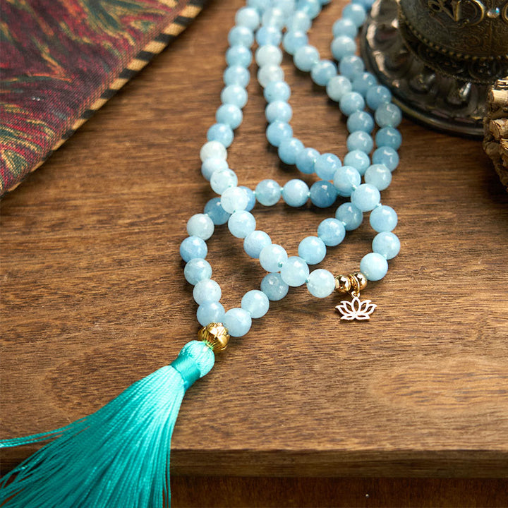 Buddha Stones 108 Mala Koraliki Naturalny Kamień Akwamaryn Tassel Lotus Healing Bransoletka