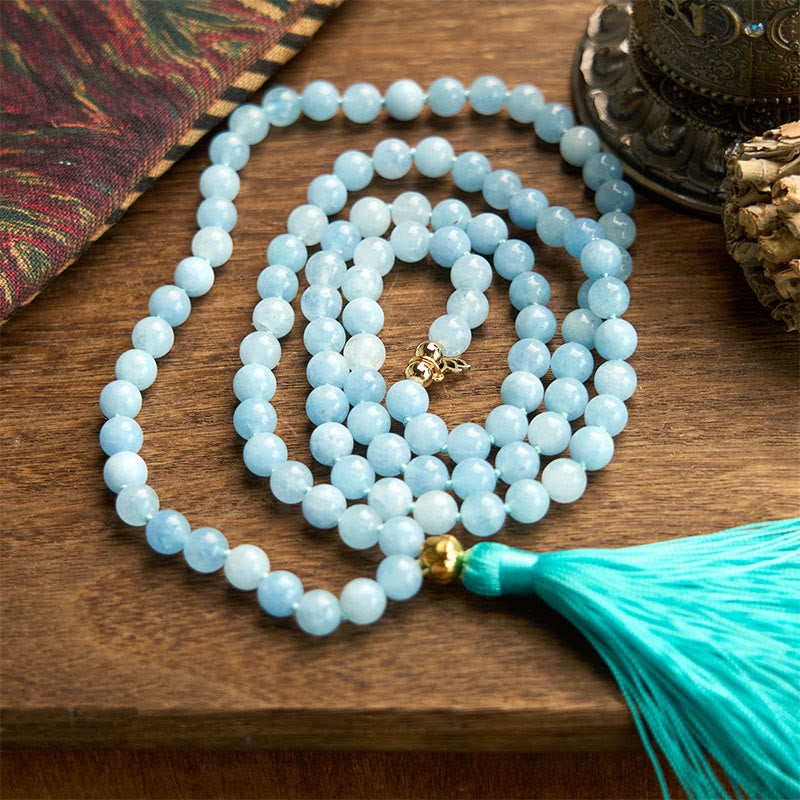 Buddha Stones 108 Mala Koraliki Naturalny Kamień Akwamaryn Tassel Lotus Healing Bransoletka