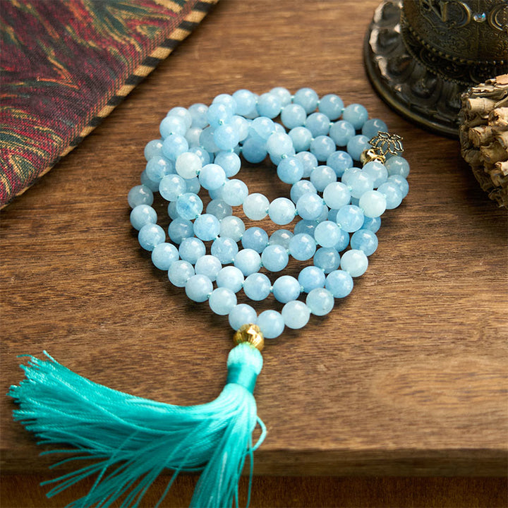 Buddha Stones 108 Mala Koraliki Naturalny Kamień Akwamaryn Tassel Lotus Healing Bransoletka